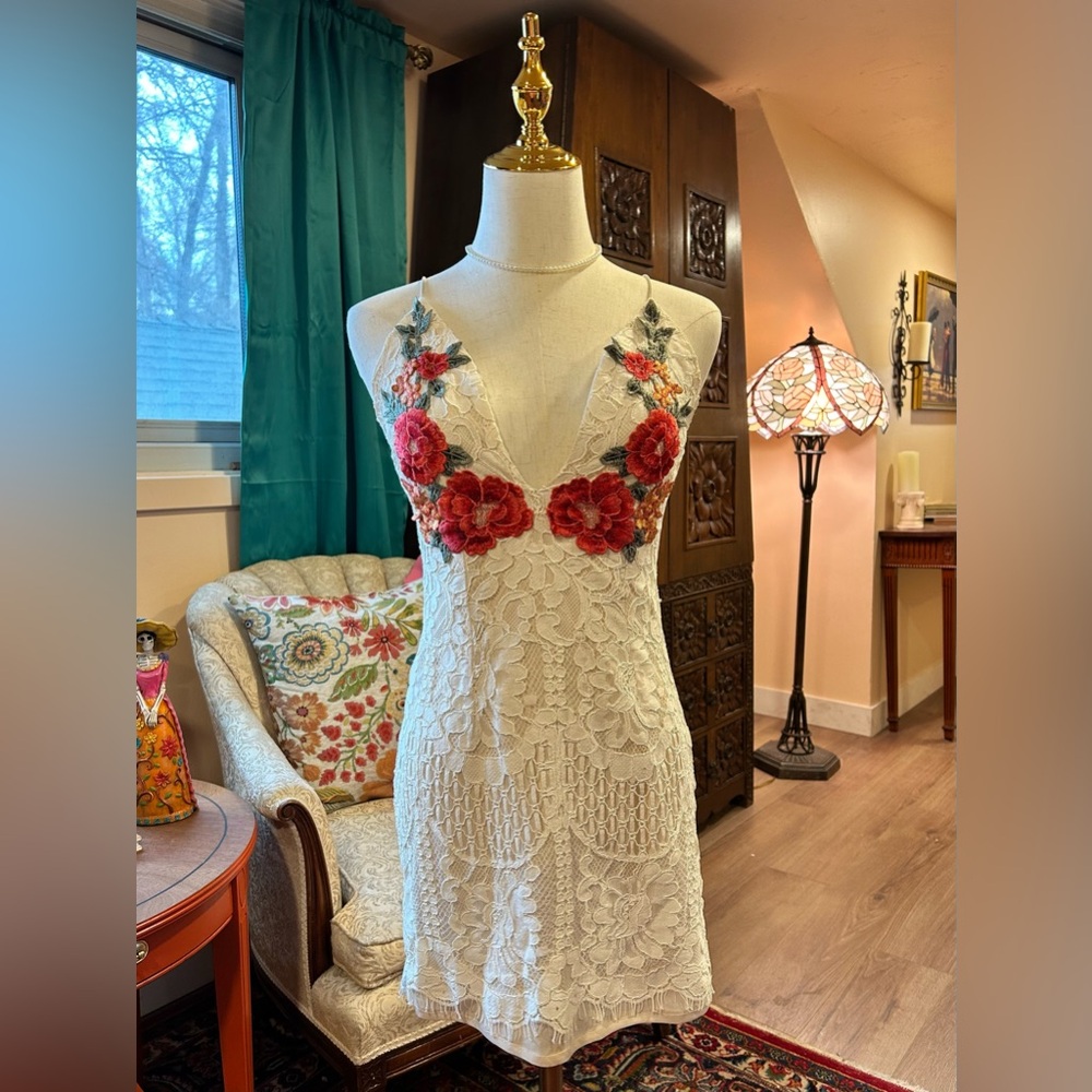 White Lace Dress with Red Floral Embroidery